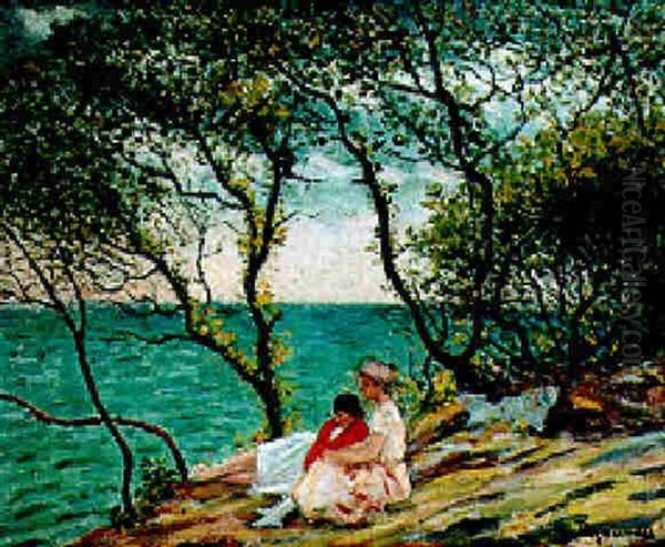 Jeunes Femmes En Confidence Pres Du Rivage Oil Painting by Emile Alfred Dezaunay