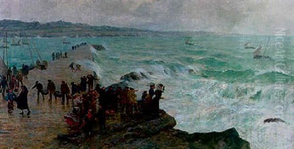 Retour Des Chaloupes Sardinieres A Concarneau Par Temps De Suroit Oil Painting by Emile Alfred Dezaunay