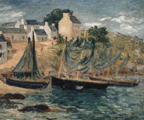 Barques Sardinieres A Port Manech Oil Painting by Emile Alfred Dezaunay