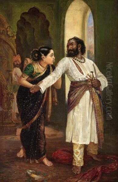 A Nobleman And A Maiden In A Palace Interior Oil Painting by Mahadev Vishvanath Dhurandhar