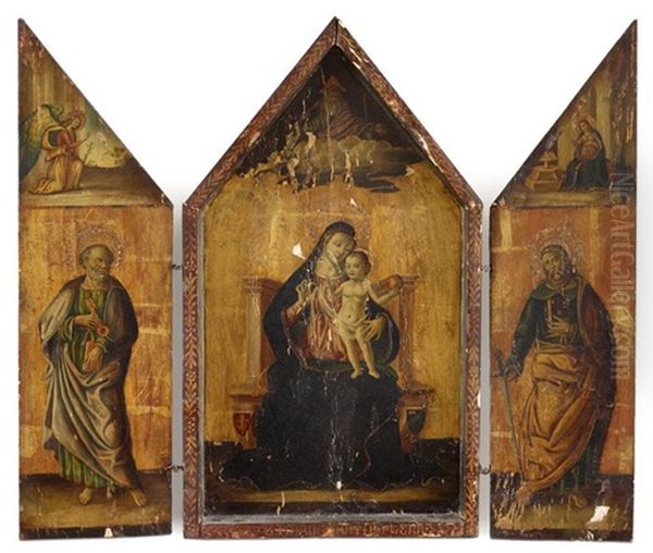 A Triptych: The Central Panel, Virgin And Child With God The Father Above, Centered By The Virgin Annunciate; The Left Panel, Saint Peter; The Right Panel, Saint Paul Oil Painting by Giovanni di Paolo