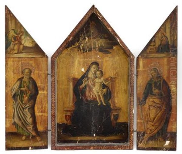 Virgin And Child With God The Father Above, Centered By The Virgin Annunciate, Saint Peter And Saint Paul (triptych) Oil Painting by Giovanni di Paolo