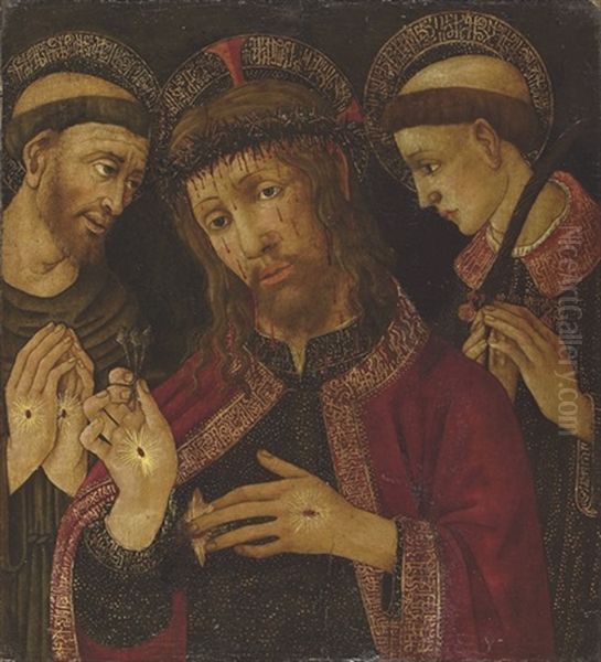 Christ As The Man Of Sorrows With Saint Francis Of Assisi And A Deacon Saint Oil Painting by Tommaso Di Piero Trombetto