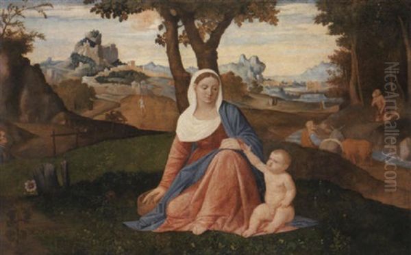 The Rest On The Flight Into Egypt With The Penitent Saint Jerome In A Wooded River Landscape, Saint Antony Abbot And The Predication Of The Baptist Beyond Oil Painting by Benedetto Diana