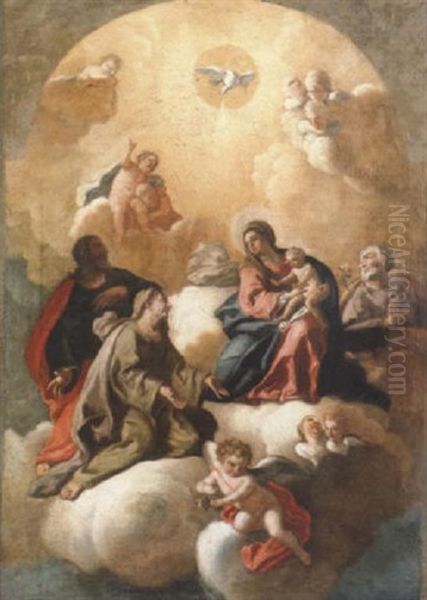 The Madonna And Child In Glory With Saint John The Evangelist, Saint Anne And Saint Joseph In The Presence Of The Holy Spirit Oil Painting by Giacinto Diana