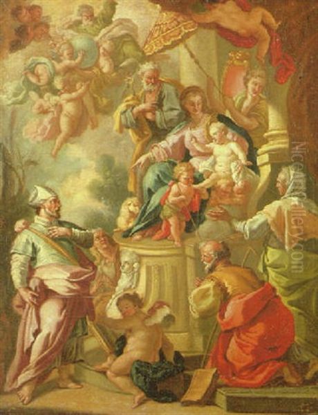 The Holy Family And The Infant Saint John The Baptist Surrounded By Numerous Saints And Putti Oil Painting by Giacinto Diana