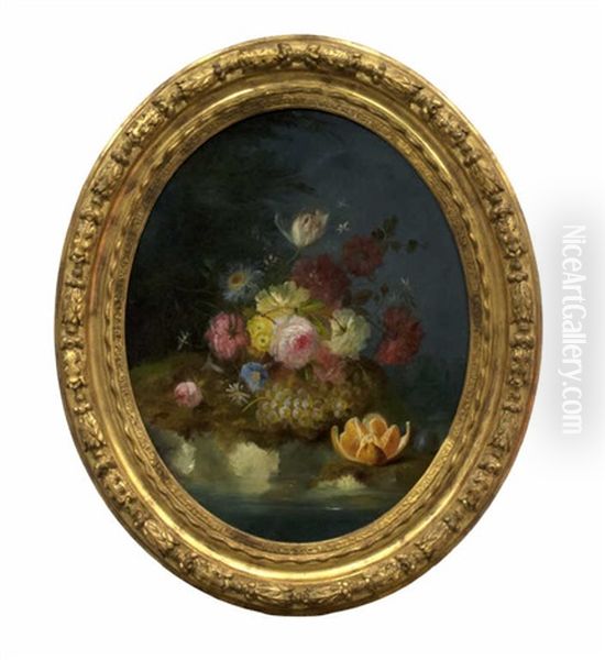 Fleurs, Pasteque, Fruits Et Raisins Sur Un Muret De Pierre (+ Jetee De Roses Et De Fleurs, Raisins Et Oranges, Sur Fond De Paysage; 2 Works) Oil Painting by Jules Edouard Diart