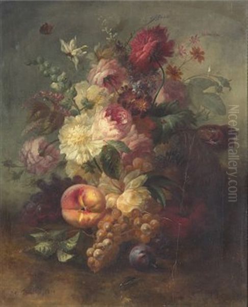 Stilleben Med Blommor Och Frukter Oil Painting by Jules Edouard Diart