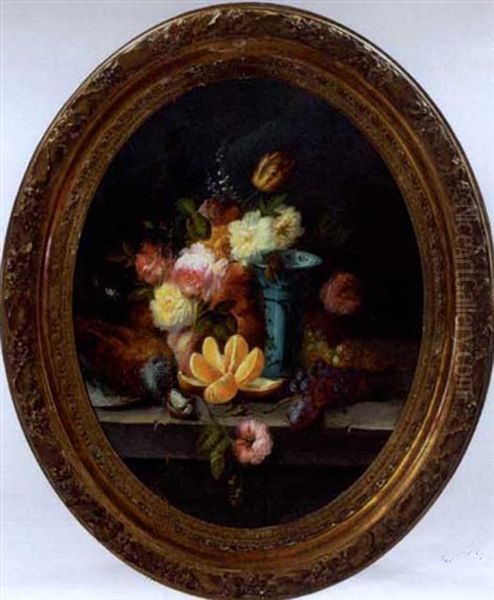 Still Life With Flowers, Fruit And Fowl Oil Painting by Jules Edouard Diart