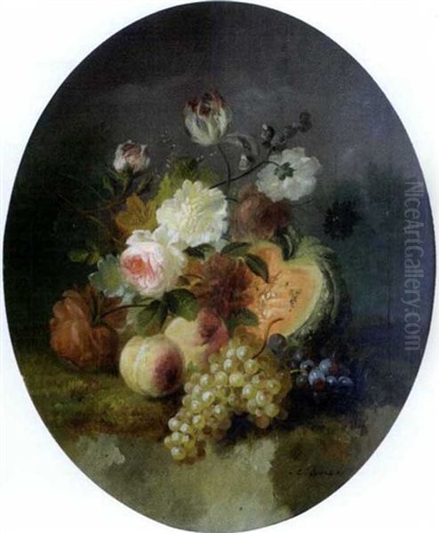 Raisin, Potiron Et Fleurs Oil Painting by Jules Edouard Diart