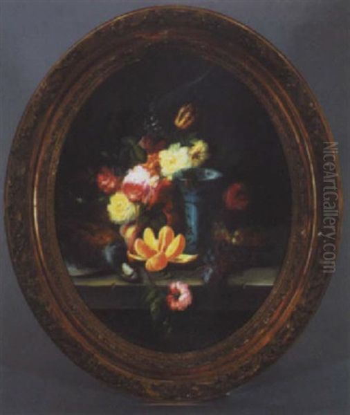 Still Life With Flowers, Fruit And Fowl Oil Painting by Jules Edouard Diart