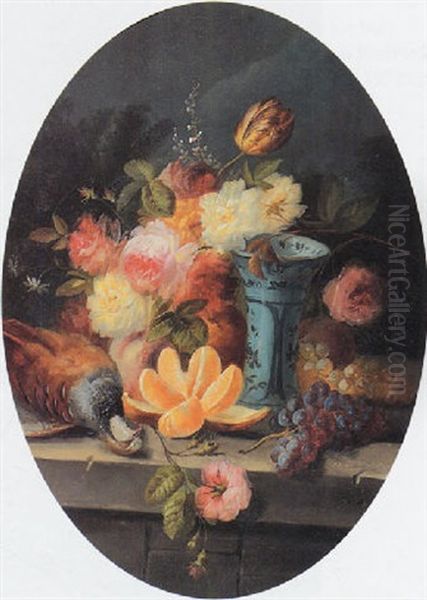 Still Life Of Flowers, Fruit And Fowl On A Stone Ledge, With Distant Landscape Oil Painting by Jules Edouard Diart