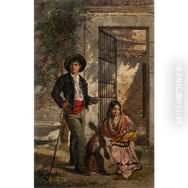 Jeunes Musiciens A L'oree D'une Maison Oil Painting by Francisco Diaz Carreno