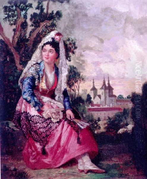 Woman In Fancy Dress Oil Painting by Francisco Diaz Carreno