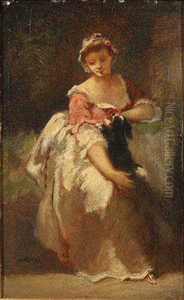 Young Woman With A Dog Oil Painting by Narcisse Virgile Diaz de la Pena