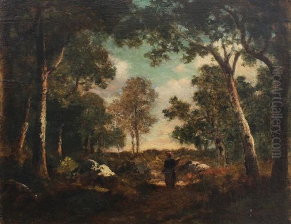 Fountainbleu Forest Scene With Stick Gatherer Oil Painting by Narcisse Virgile Diaz de la Pena