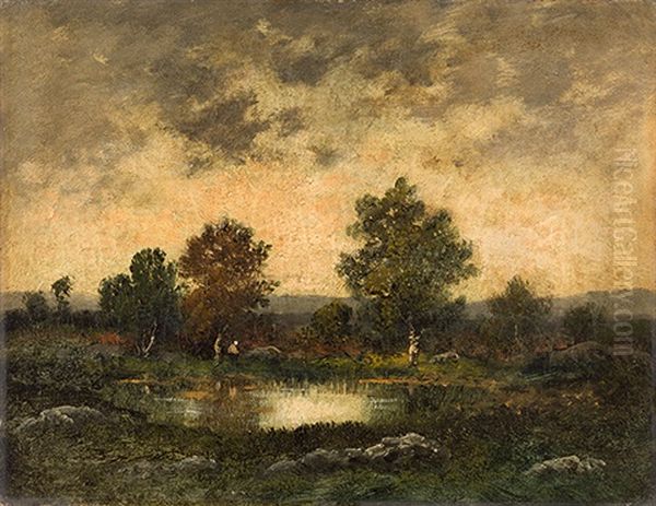 Landschaft Mit Bauerin Und Teich Oil Painting by Narcisse Virgile Diaz de la Pena