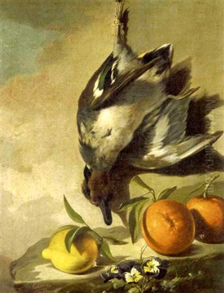 A Still Life With A Duck And Oranges And A Lemon On A Ledge (+ Another Still Life; Pair) Oil Painting by Gumersindo Diaz