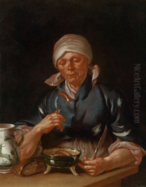 Eine Frau Bei Der Mahlzeit Von Wursteni Brot Und Wein Oil Painting by Martin Dichtl