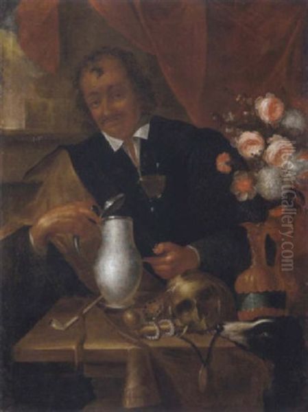 Ein Mann Mit Krug, Weinglas Und Vanitas-stilleben by Martin Dichtl