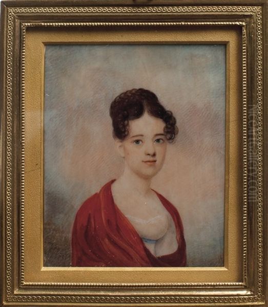 Portrait Of A Young Lady Wearing A White Gown And Red Wrap Oil Painting by Anson Dickinson