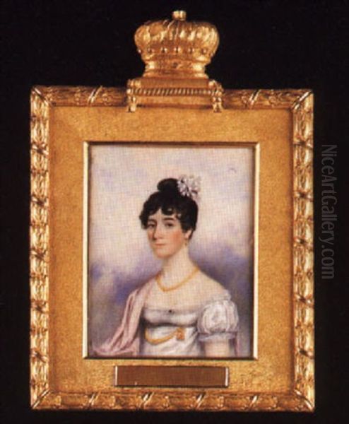 A Young Lady With Pink Shawl Over Her Right Shoulder, A White Rosette In Her Upswept Black Hair Oil Painting by Anson Dickinson