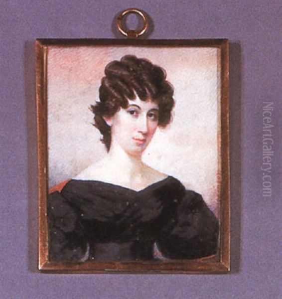 Portrait Of A Woman Wearing A Black Shoulderless Dress, Her Brunette Hair In Ringlets Oil Painting by Daniel Dickinson