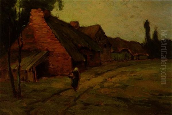 A Woman Walking In A Village At Dusk Oil Painting by Charles Dickman