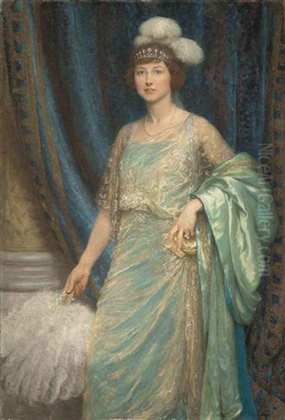 Portrait Of Mrs Norman Holbrook, In A Turquoise Dress And A White Fan Oil Painting by Frank Dicksee