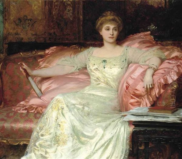 Portrait Of Mrs W.k.d'arcy, Seated, In An Opulent Interior Oil Painting by Frank Dicksee