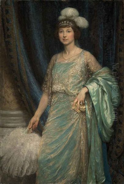 Portrait Of Mrs Norman Holbrook In A Turquoise Dress And A White Fan Oil Painting by Frank Dicksee