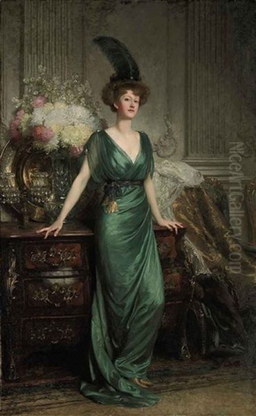 Portrait Of The Hon. Mrs Ernest Guinness, Standing Wearing An Emerald Dress And Feather Oil Painting by Frank Dicksee