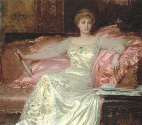 Portrait Of Mrs W.k. D'arcy In An Opulent Interior Oil Painting by Frank Dicksee