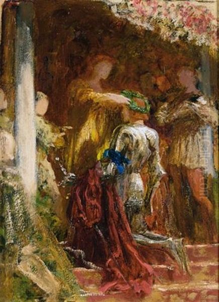 Victory, A Knight Being Crowned With A Laurel-wreath Oil Painting by Frank Dicksee