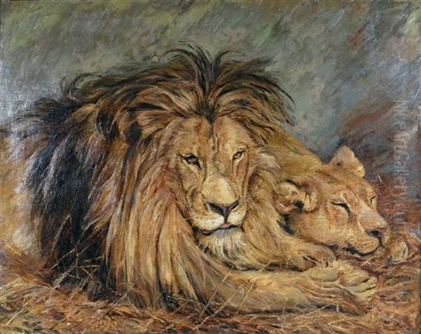 Couple De Lions Au Repos Oil Painting by Herbert Thomas Dicksee