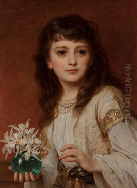 A Young Beauty Holding A Vase Of Orchids, 1886 Oil Painting by Thomas Francis Dicksee