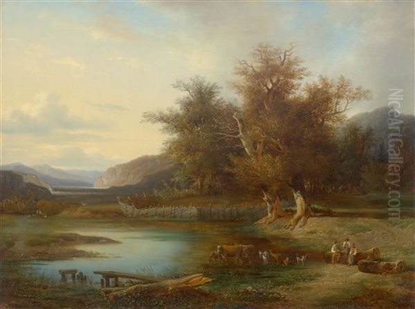 A Vast Landscape With Shepherds And Animals By A Water Oil Painting by Francois Diday