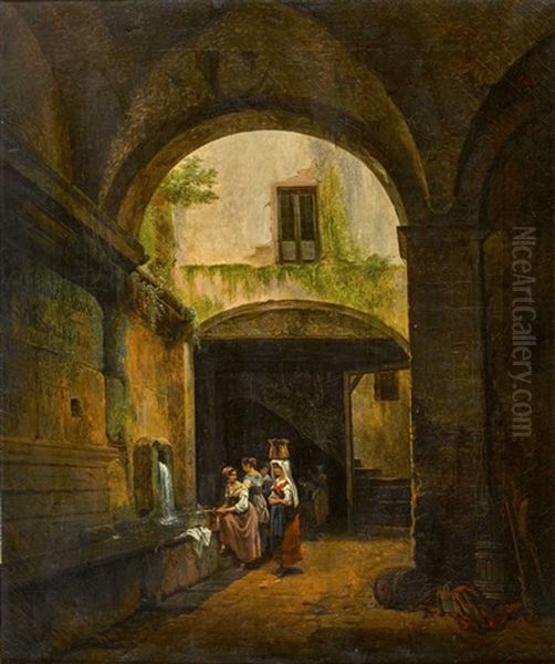 Les Blanchisseuses A La Fontaine Oil Painting by Francois Diday