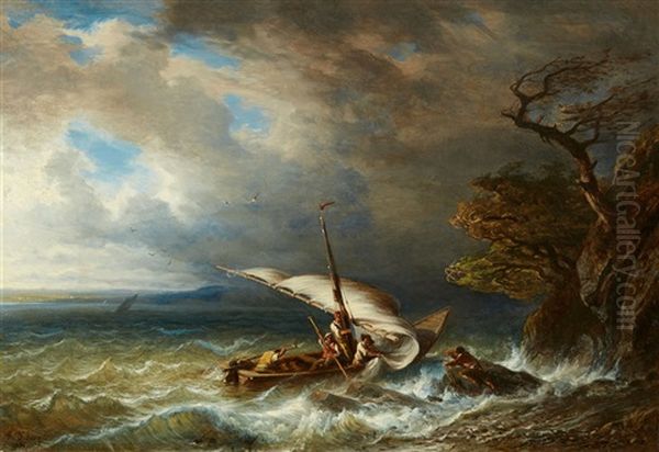 A Sailing Ship In Rough Seas Oil Painting by Francois Diday