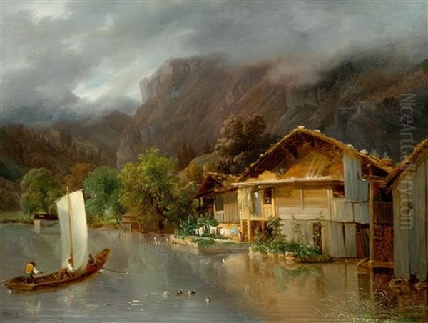 House At Lake Brienz With Boat And Ducks by Francois Diday