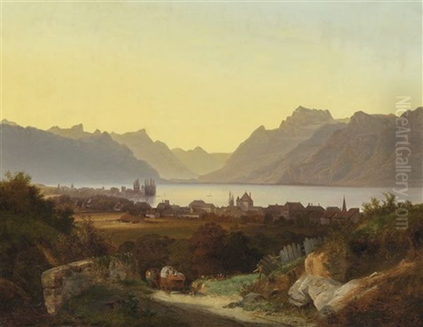 Vue Du Lac Leman Depuis Vevey Oil Painting by Francois Diday