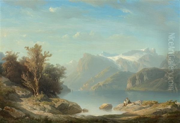 Lake Lucerne Near Brunnen With A View Of Seelisberg, The Rutli Meadow And The Engelberger Rotstock Oil Painting by Francois Diday