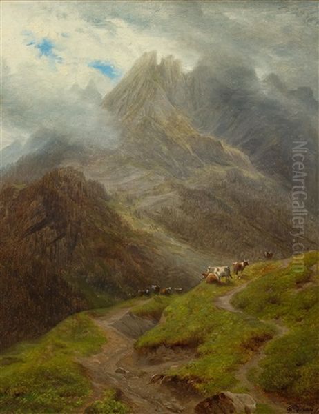 Cows Grazing On The Schwarzwaldalp Near Roslaui With The Engelhorner In The Background Oil Painting by Francois Diday