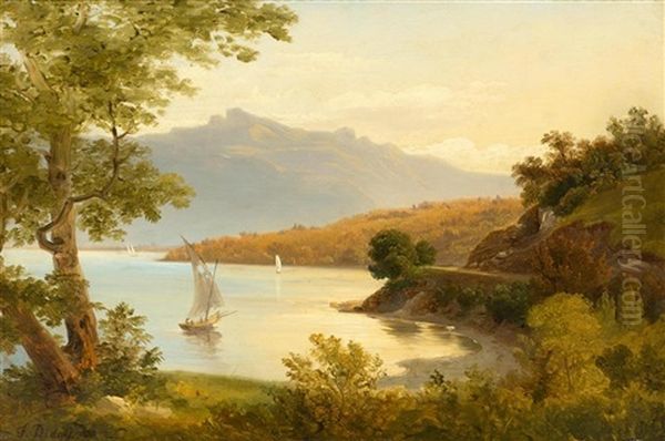 Swiss Lake Landscape, Probably A View From Meiringen Towards Lake Brienz Oil Painting by Francois Diday