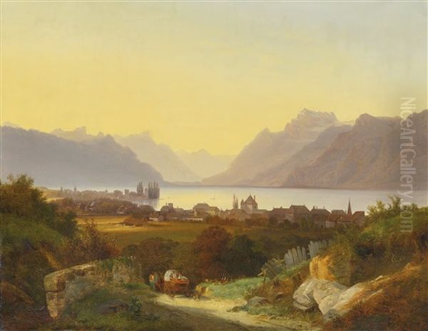 Vue Du Lac Leman Depuis Vevey Oil Painting by Francois Diday