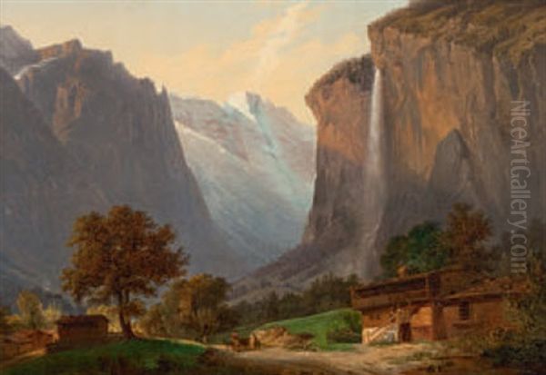 Der Staubbachfall Im Lauterbrunnental - Im Vordergrund Bauern Bei Der Arbeit Oil Painting by Francois Diday