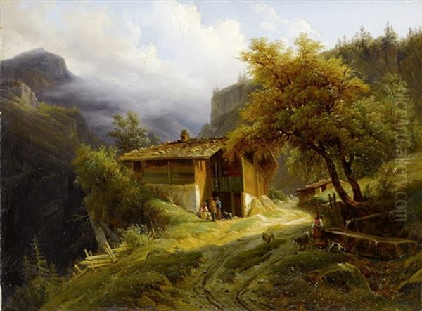 Gebirgslandschaft Mit Bauernhaus Und Figurenstaffage Oil Painting by Francois Diday