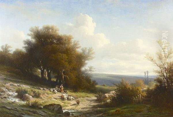 Baumbestandene Anhohe Mit Figuren- Und Tierstaffage Oil Painting by Francois Diday