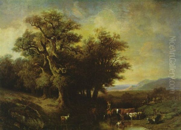 Landschaft Mit Hirten Und Seiner Herde An Einem Bach Oil Painting by Francois Diday