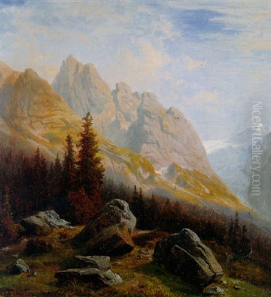 Engelhorner Et Glacier De Rosenlaui, Coucher De Soleil Oil Painting by Francois Diday